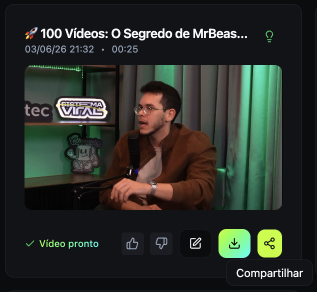 Card de corte pronto com botões de download e compartilhar