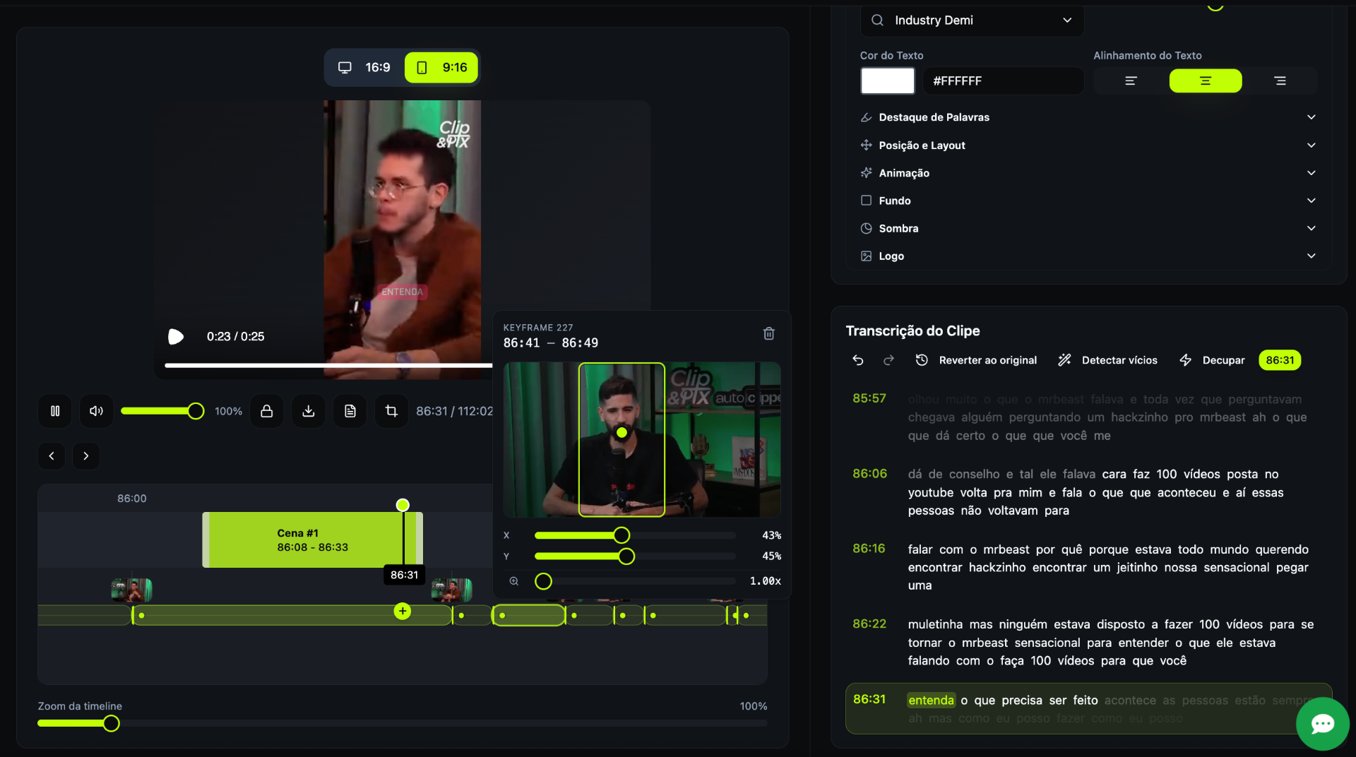 Editor Co-piloto do Autoclipper com timeline, keyframes e transcrição